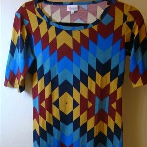 LULAROE XS Julia Dress Blue Yellow Red Geometric